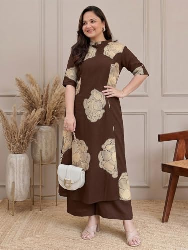 Image of ANNI Designer Women Viscose Blend Straight Fit Printed Kurta Palazzo Set | Mandarin Neck Outfit | Lightweight Breathable Fabric | Comfortable Elegant Styling for Office Casual Wear