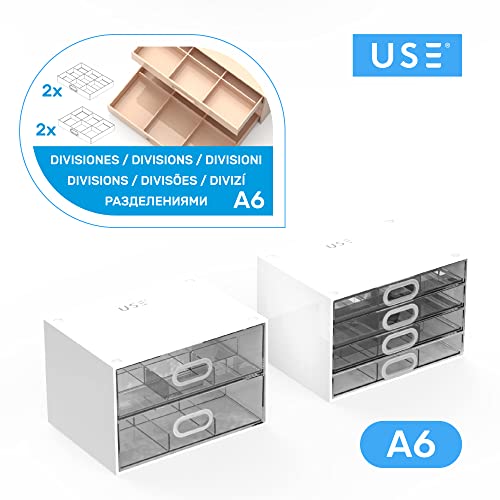 USE FAMILY - Lote Cajonera Organizer 2 Cajones Transparentes + Cajonera Organizer 4 Cajones Transparentes - Con 2 Divisiones Grandes y 2 Pequeñas - Torre de Almacenamiento - Cajonera Estante