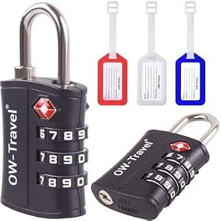 TSA Approved Luggage Locks (2 Pack and 3 Luggage Tags) OW-Travel ABS 3 Digit Security Padlock, Combination Padlocks, Code Lock for Suitcase, Zipper, Luggage, Bag, Case, Backpack, Gym Locker (Black)
