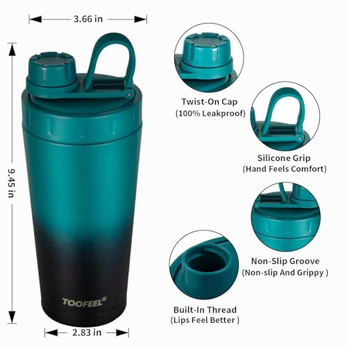 Image of TOOFEEL Stainless Steel Protein Shaker Bottle - 20 oz Double Walled Insulated Cup, Keeps Cold /Hot for Gym Workout Mixes