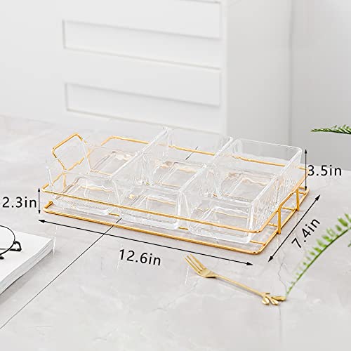 Xkxkke 6 Clear Glass Bowls Set With Gold Metal Rack, Condiment Dishes Serving Bowls Buffet Server Food Display Relish Tray For Fruit Dessert Appetizer Nuts Snacks Candy Chip Dip #TOP4