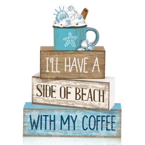 Lineshading 4 Pcs Wooden Farmhouse Tabletop Decor Rustic Home Tiered Tray Decor Decorative Farmhouse Table Decoration Home Block Signs Gift(Summer)
