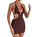 Women's Sexy Halter Hollow Out Knitted Mini Dress Sleeveless Backless Lace Up Bodycon Summer Beach Dress Brown