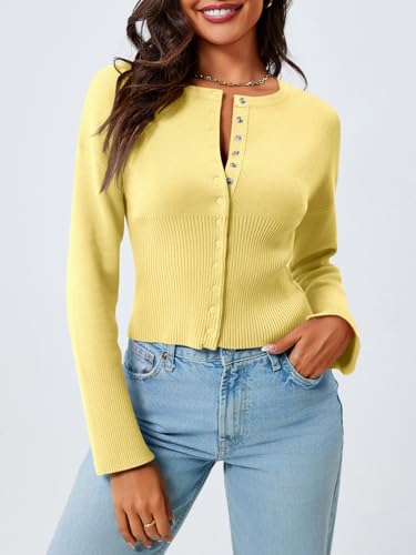 Image of Saodimallsu Womens Cropped Sweaters Cardigan | Button Down,Long Sleeve,V Neck,Ribbed Knit,Slim Fit ,Pullover Crop Tops