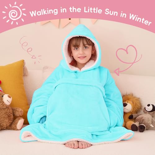 yescool Wearable Blanket Kids Hoodie, Birthday Teen Girls Gifts for 8-15 Year Old Kids Oversized Sweatshirt Sherpa Flannel Cozy Hooded Blanket with Pocket for Children, Youth Teens, One Size, Teal