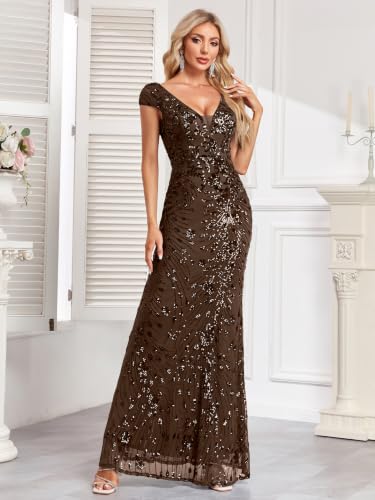 Image of Womens Sequined Long Evening Gown Glamous Sleeveless V-Neck Mermaid Prom Dress for Wedding Party Club Occasions