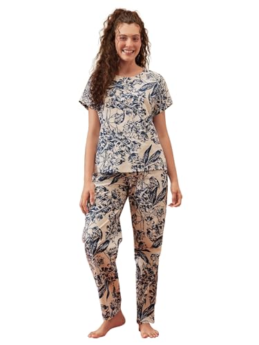 Image of Clovia Women's Floral Print T-Shirt & Pyjama Korean Night Suit for Girls | Rayon Korean Night Dress Set | Comfortable Multicolor Sleepwear
