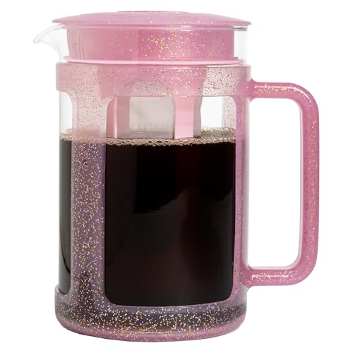 Paris Hilton Cold Brew Coffee Maker, Durable 1.6 Quart Borosilicate Glass Carafe with Stainless Steel Filter, Glitter Pink, 38 oz