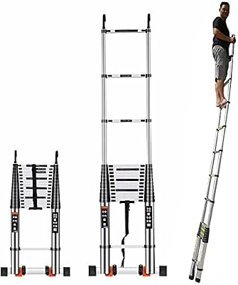 MEWVABKW Attic Access/Roof Top Tent Telescoping Ladder with Removable Swivel HooksAluminum Folding Telescopic Extension Ladder Tallest 5m 6.2m 7m 8m, Load 300lbs Chaser of Light