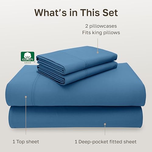 Image of California Design Den King Sheets Cotton Set - Luxury 600 Thread Count Sateen, Natural 100% Cotton Bed Sheets King Size, Durable Fully Elasticized Deep Pockets - Parisian Blue