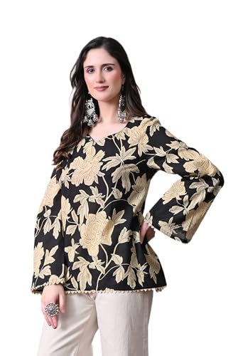 Image of MEERA FAB Women's Summer Floral Printed Cotton Short Kurta Bell Sleeves | Floral Printed Kurta | Short Kurti for Women