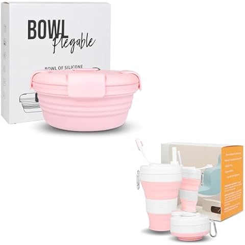 QJJIPP Portable Silicone Collapsible Bowl - Carnation - 33.8OZ/1000ML+Collapsible Travel Cup - Pink,20oz/600ml Microwave & Dishwasher Safe - Travel & Hiking Friendly - BPA-Free Cover