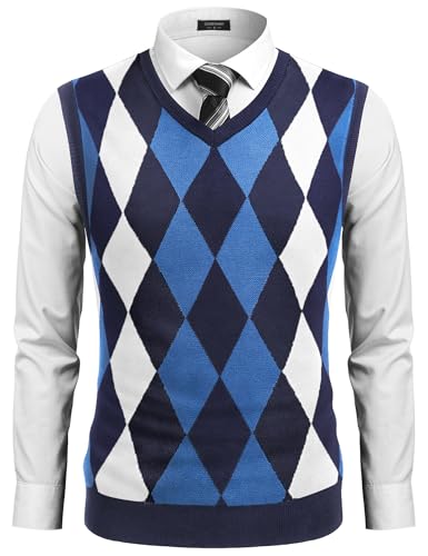 Coofandy Men'S Casual Slim Fit V-Neck Rhombus Business Knitwear Sweater Vest,Navy Blue,Large