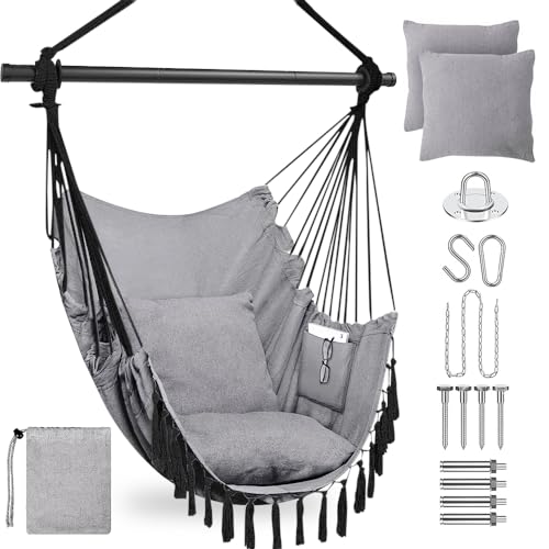 Fauteuil Suspendu avec 2 Coussins Siège et Sac - Chaise Hamac Balançoire Suspendue Charge Max 330 lbs, Fauteuil Jardin pour Intérieur et Extérieur Balcon...