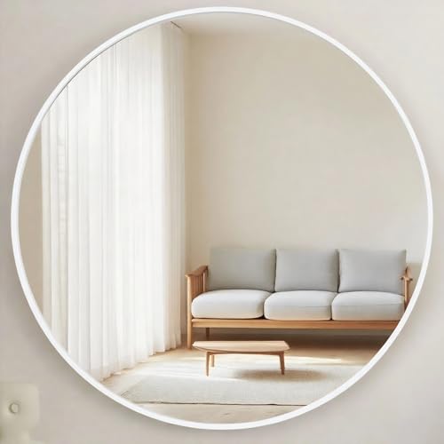 Genjitsu 鏡 壁掛けミラー 丸鏡 壁掛け鏡 洗面台 鏡 壁 洗面鏡 浴室 玄関 洗面所 鏡 化粧鏡 かがみ 円形 鏡 壁掛け 丸(ホワイト,直径50cm)