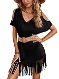 Verdusa Women's Cold Shoulder V Neck Short Sleeve Fringe Hem Short Tunic Dress Solid Black L