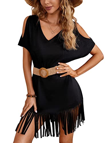 Verdusa Women's Cold Shoulder V Neck Fringe Hem Straight Dress Without Belt