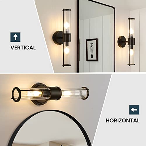 Image of Bathroom Sconce Wall Lighting - Black Bathroom Vanity Light Fixture Vertical and Horizontal Wall Mount 2-Light Modern Indoor Wall Light for Hallway Living Room(E12 Bulbs Excluded)