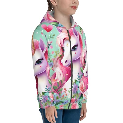 Pink Unicorn Print Girls Athletic Zip Up Hoodies,Sweatshirts with Pockets Long Sleeve Hooded Jackets, for 7-18 Y3