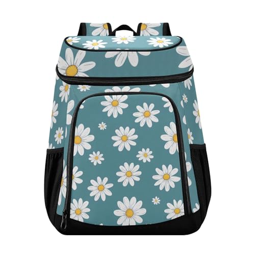 White Daisy Flower Blue Floral Cooler Backpack Cooler Insulated Leak Proof Lunch Backpack 36 Cans Waterproof Soft for Men Women Picnic Hiking Camping Beach