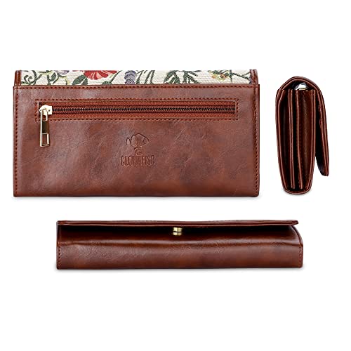 Image of THE CLOWNFISH Sharon Collection Tapestry Fabric & Faux Leather Snap Flap Closure Womens Wallet Clutch Ladies Purse with Multiple Card Holders (Flax)