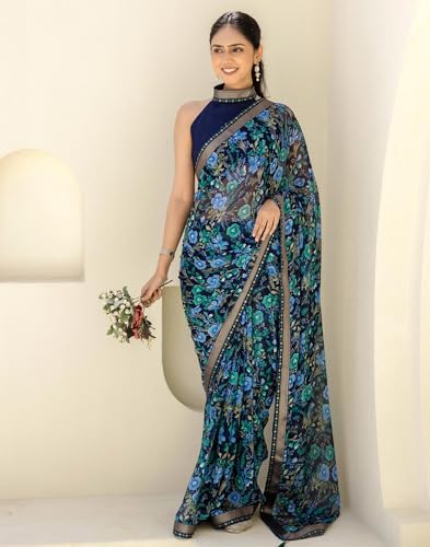 Image of SIRIL Women's Chiffon Printed Saree With Unstitched Blouse Piece