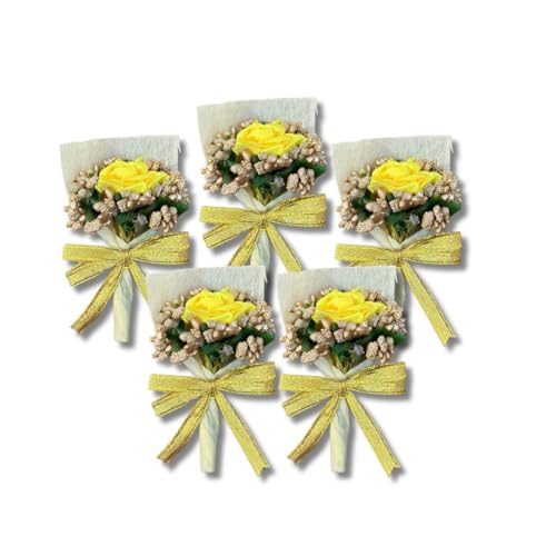 HALDI MEHENDI SHAADI 5 Pcs Yellow Rose Flower Mini Bouquet for Wedding Gift, Welcome Gift for Guests, Return Gift, Flower Arrangement Centrepiece, Brooch for Groom