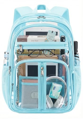 Image of XL Clear Backpack Heavy Duty For Lady,18in TPU Bookbag 15Age+ Girls,Not-PVC | See Through Stitch durable plastic Multi-Pocket Design For School Adults work Warehouses Airport security,check events (Aqua)