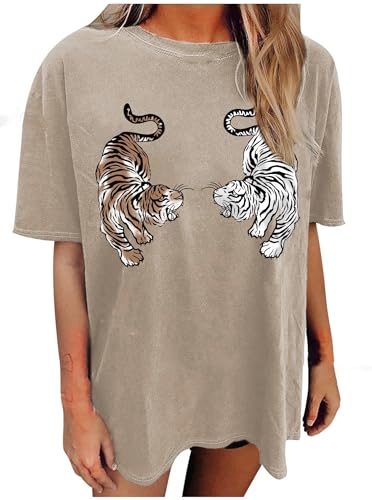 Avanova Women Oversized Tigers Graphic Tee Top Short Sleeve Loose Crewneck Summer T-Shirt Khaki B X-Large