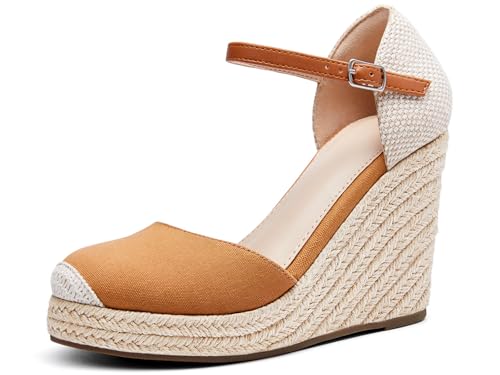 Image of FISACE Womens Summer Espadrille Heel Platform Wedge Sandals Ankle Buckle Strap Closed Toe Shoes