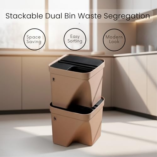 Image of 10L Dustbin with Lid | Beige | Pack of 2 | Multipurpose Garbage Bin for Kitchen, Home & Office | Wet & Dry Waste Basket for Food Waste, Recycling & Indoor Outdoor Use