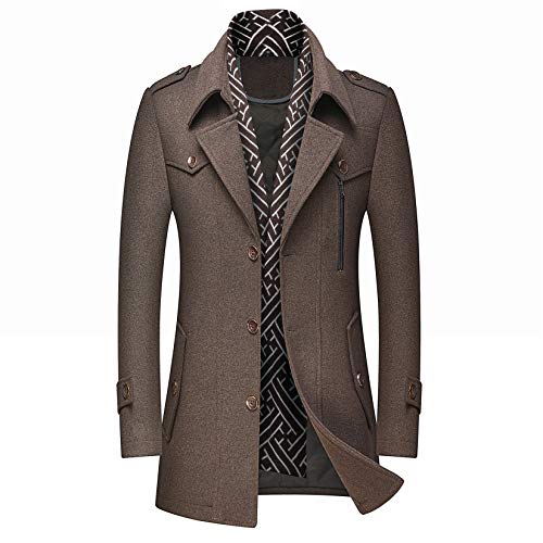 DOSLAVIDA Herren Slim Fit Wolle Erbsen Mantel Einreiher Winter Warme Lange Trenchjacken Mit Abnehmbarem Weichem Schal, C-coffee, XL