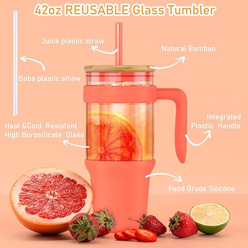 Tronco 40 oz Glass Tumbler with Straw and Lid, Reusable Iced Coffee Cup with Handle, Glass Water Bottles for Smoothie, Fits Cup Holders, Lead-Free, BPA-Free