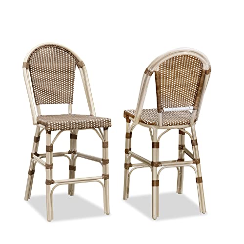 Image of PURPLE LEAF French Counter Height Bar Stool Set of 2 25 inch White Print Finish Patio Bar Chairs with Back Rattan Bar Chairs French Bistro Set for Kitchen Outdoor Counter Stool Brown