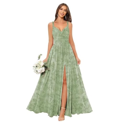 Vestidos femininos de chiffon para madrinha de casamento, longo, alças finas, gola V, franzido evasê, vestido formal, Floral verde, 52