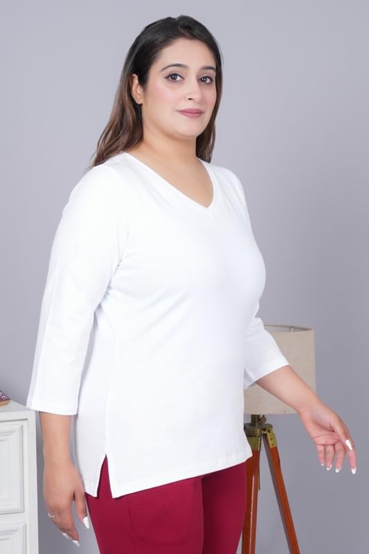 Image of Mlada V-Neck Cotton 3 /4th Sleeves Tshirt for Women | Stretchable Regualr Fit Solid Cotton Tshirts | Casual 3 /4th Sleeves Tshirts for Women Office Wear | Solid Round Neck Tshirt