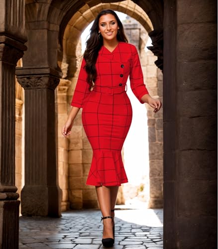 Women's Church Dress Formal Long Sleeve Vintage Ruffle Wrap Work Midi Pencil Dresses4