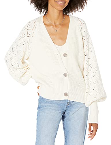 The Drop Damen Divya gestrickter Pointelle-Cardigan mit weiten Ärmeln, Whisper White, XS