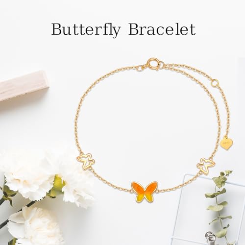 14K Solid Gold Butterfly Bracelet for Women,14 kt Yellow Gold 3 Small Butterfly Animal Bracelets Fine Christmas Birthday Jewelry Gifts for Her,6.5+1+1 inch2