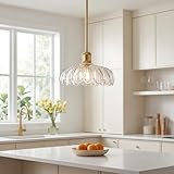 FEMILA 10.4' Gold Pendant Light, Vintage Pendant Lighting with Flower Glass, Pendant Light for Kitchen Island Bedroom Hotel Living Room, 4FJX82MIL BG