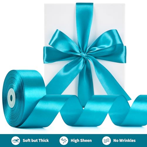 Image of Mauproy 1-1 /2 Inch Wide Peacock Blue Satin Ribbon, 50 Yards Turquoise Solid Polyester Fabric Ribbon for Roses Making, Gift Wrapping, Flower Bouquets, Wedding Decorations, Handmade Crafts