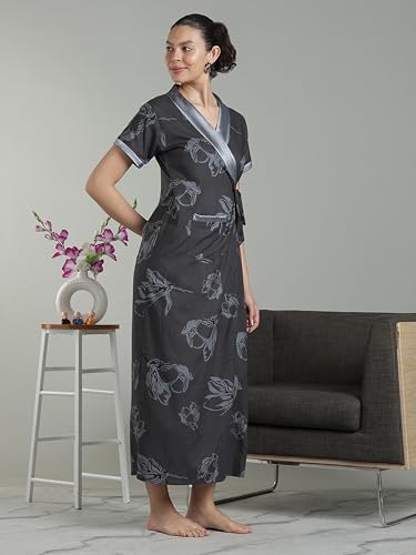 Image of 9shines Label Stylish Cotton Nighty Robe for Women | Front Open Floral Housecoat | Wrap Nighty with Pocket | Adjustable Waist Tie | Plus Size housecoat (HC-2026)