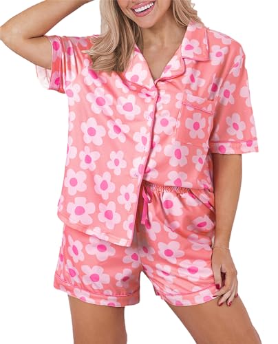 Image of KevaMolly Women Floral Notch Collar 2 Piece Holiday PJ Set | Print Short Sleeve Top, Drawstring Soft Vacation Sleep Shorts