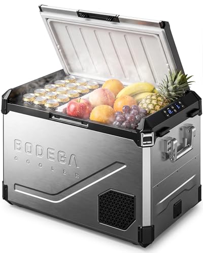 Image of BODEGA 12V Car Refrigerator, 63QT Stainless Steel Portable Fridge with Removable Divider for Dual Zone MAX /ECO Modes & Battery Protection, Electric Cooler for RV, Truck, Camping