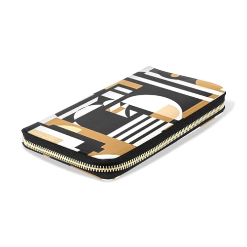 Long Wallets Leather Bifold Wallet for Women Brown Black Geometric with Zipper Credit Card Holder Large Capacity4