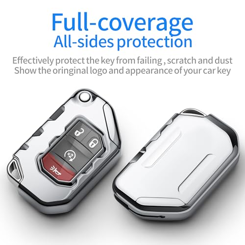 Image of Compatible with Jeep Key Fob Cover With Leather Keychain Soft TPU Protection Key Case for 2018-2026 Wrangler JL JLU Rubicon Wagoneer Gladiator JT Sahara JLU Remote Key (Silver)