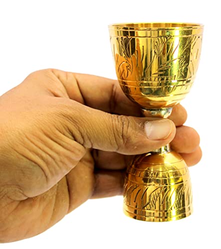 Image of eSplanade Brass Liquor Peg Measuring Glass Jigger Bar Tool - Double Sided - 30 and 60 ml - Golden Engraved