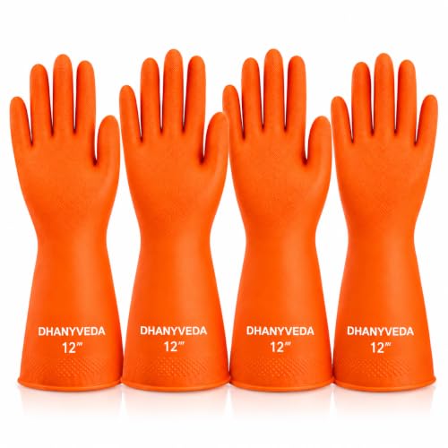 Image of Heavy Duty Dishwashing Gloves 12 Inch Pack of 4 Pairs Waterproof Latex Kitchen Cleaning Anti Slip Reusable Rubber Household Gloves for Cleaning Gardening Pet Grooming ORANGE COLOUR