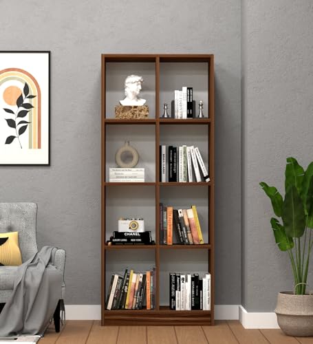 Image of SPECIALITY PANELS 8 Cube Bookshelf with Drawer, Walnut Brown Wood Finish, Open Storage Organizer, Freestanding Display Shelf