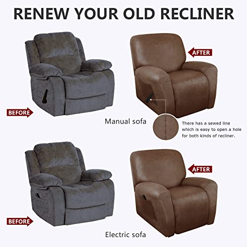 Image of ANARACHON Recliner Chair Covers Leather Like, 4 Pieces Recliner Cover, Furniture Protector - Washable Soft Sofa Slipcover for Pets Kids (Brown)